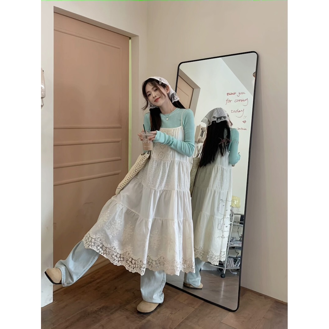 White lace suspender dress for women, early spring skirt, Japanese layered overskirt, seaside vacation style, A-line long skirt