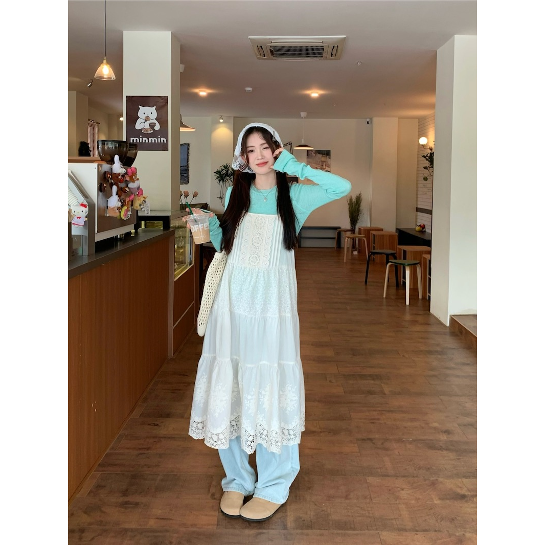 White lace suspender dress for women, early spring skirt, Japanese layered overskirt, seaside vacation style, A-line long skirt