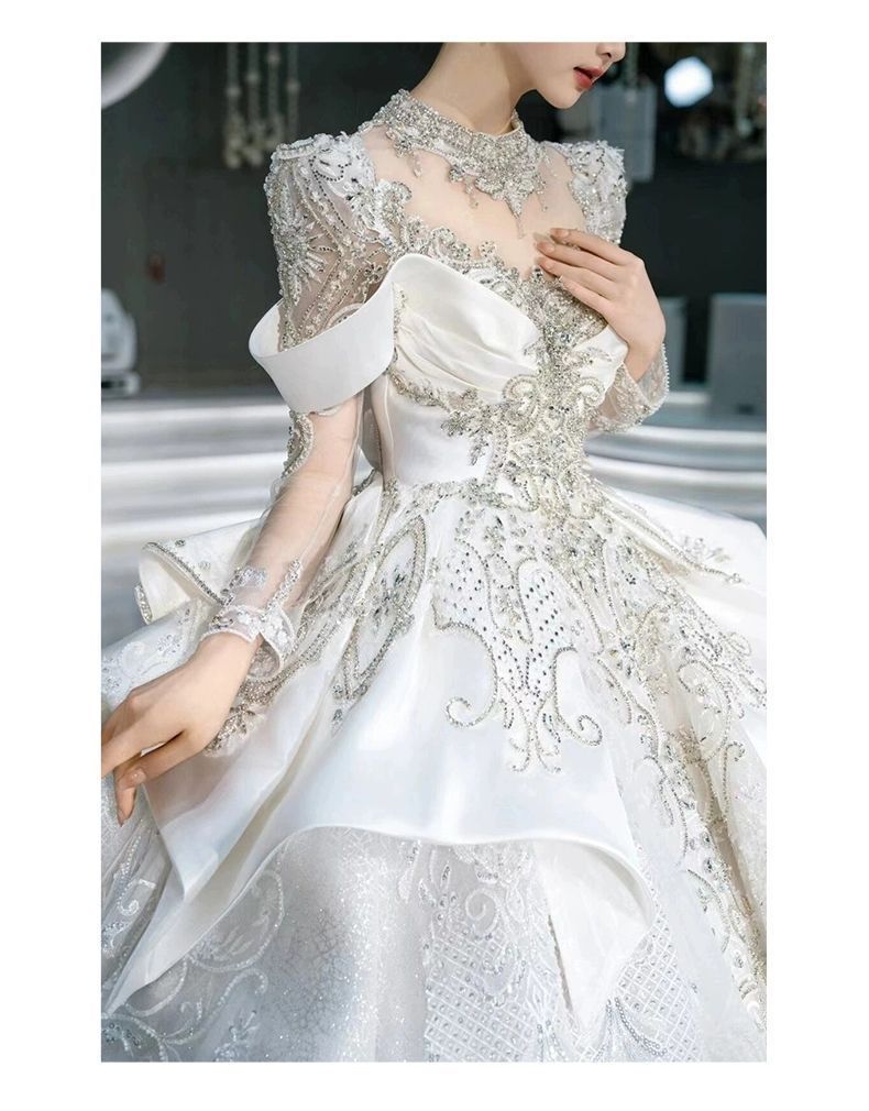 サテン ウェディングドレス 25 花嫁 感 重工業 豪華 長袖 大裾白主糸