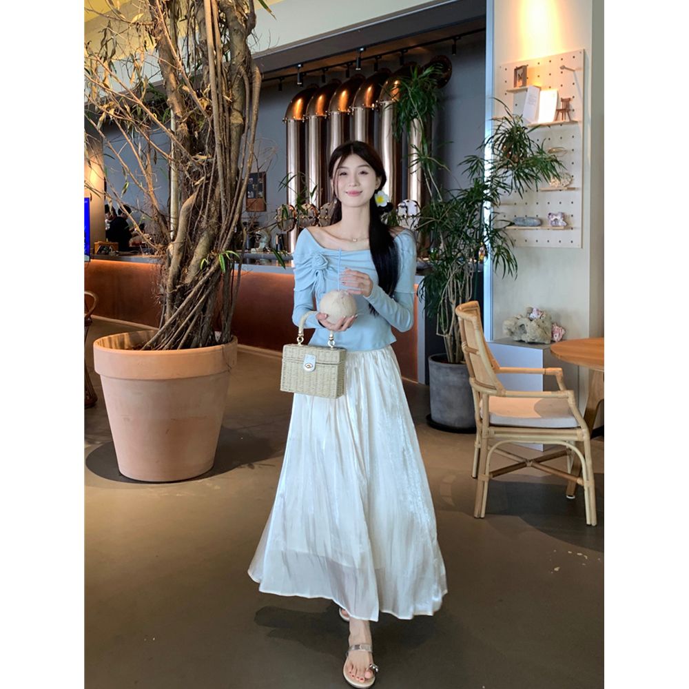 Gentle style suit for women in spring, French style, irregular long-sleeved T-shirt, high-waisted mid-length skirt, two-piece set