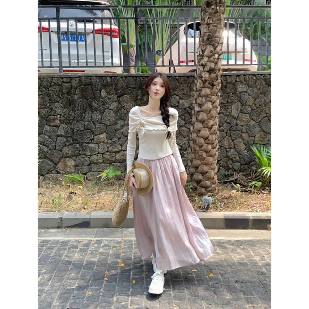 Gentle style suit for women in spring, French style, irregular long-sleeved T-shirt, high-waisted mid-length skirt, two-piece set