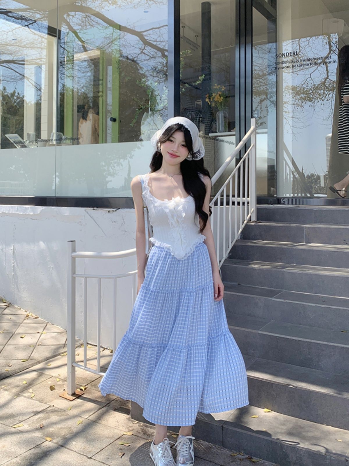 Gentle style suit for women in summer, sweet temperament, blue plaid skirt, high waist temperament cake skirt, long skirt with full hem