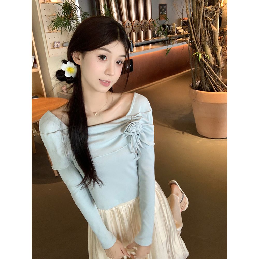 Gentle style suit for women in spring, French style, irregular long-sleeved T-shirt, high-waisted mid-length skirt, two-piece set