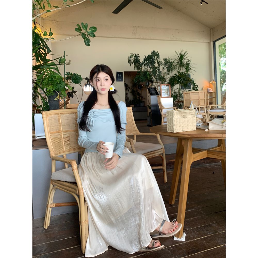 Gentle style suit for women in spring, French style, irregular long-sleeved T-shirt, high-waisted mid-length skirt, two-piece set