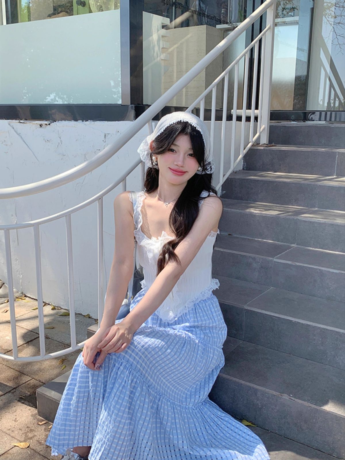 Gentle style suit for women in summer, sweet temperament, blue plaid skirt, high waist temperament cake skirt, long skirt with full hem