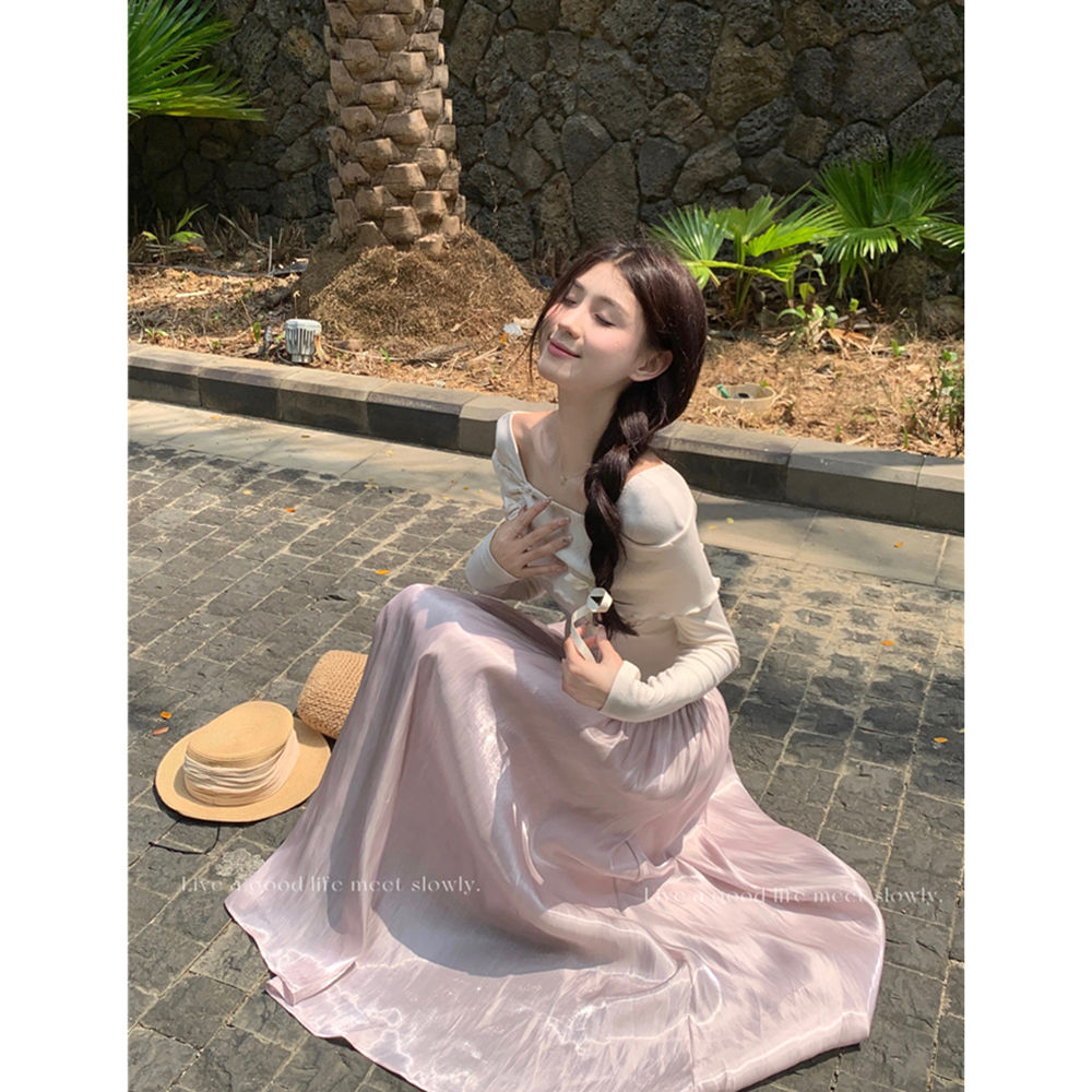 Gentle style suit for women in spring, French style, irregular long-sleeved T-shirt, high-waisted mid-length skirt, two-piece set