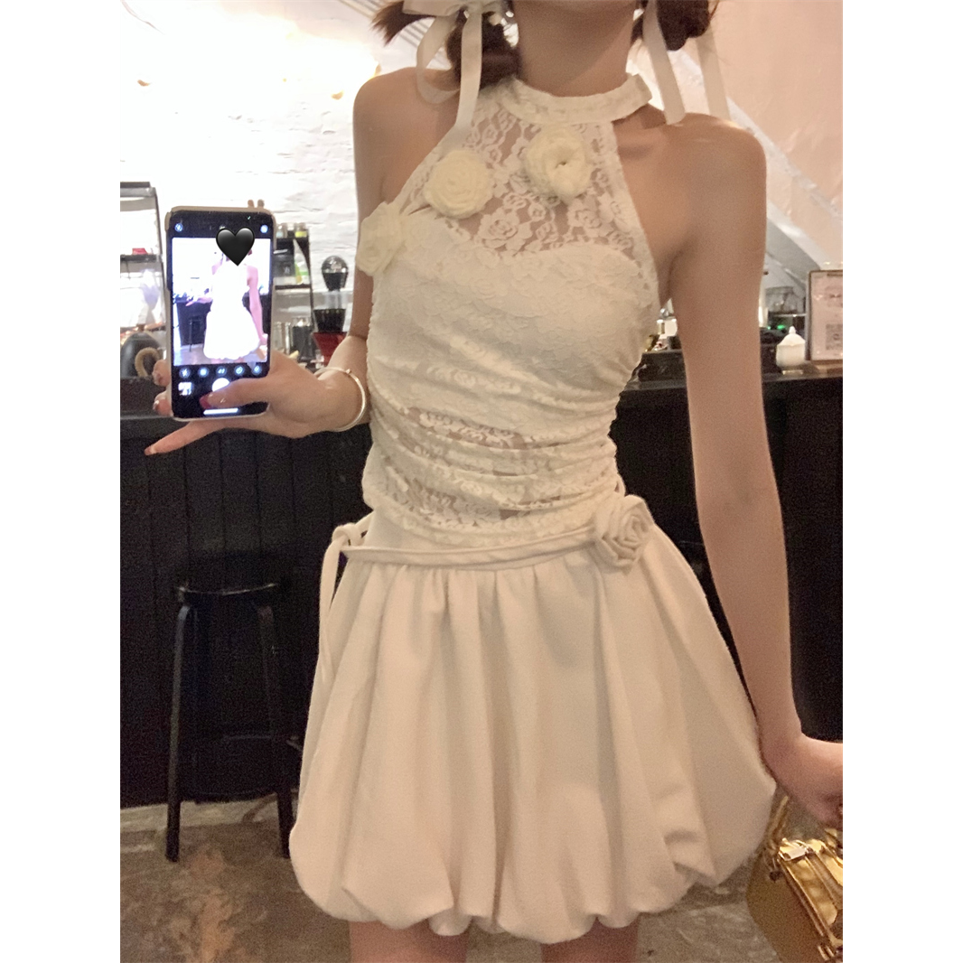 Pure lust style suit for women summer 2024 new design lace halter vest suspender high waist half skirt