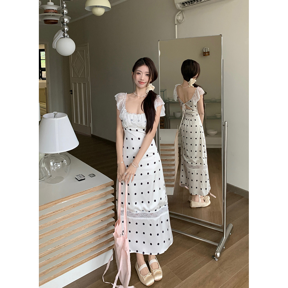 Tea break French lace splicing polka dot dress for women summer temperament slim backless A-line skirt sweet style long skirt