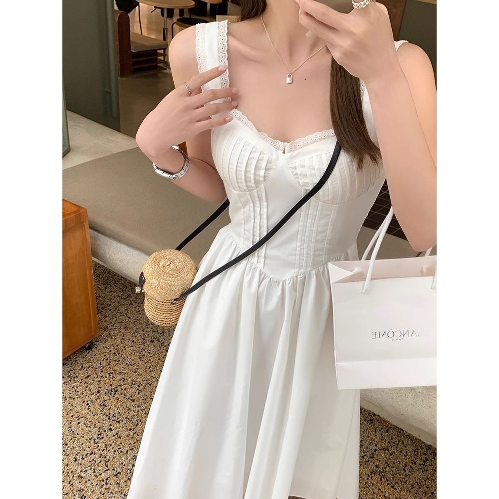 French style hollow white suspender dress for women summer new pure lust design waist slimming long skirt