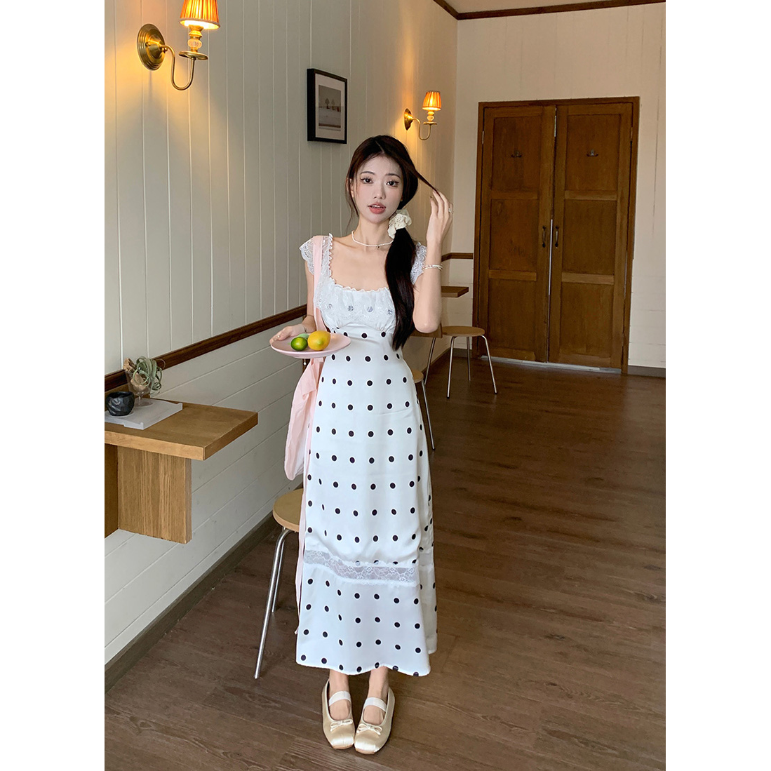 Tea break French lace splicing polka dot dress for women summer temperament slim backless A-line skirt sweet style long skirt