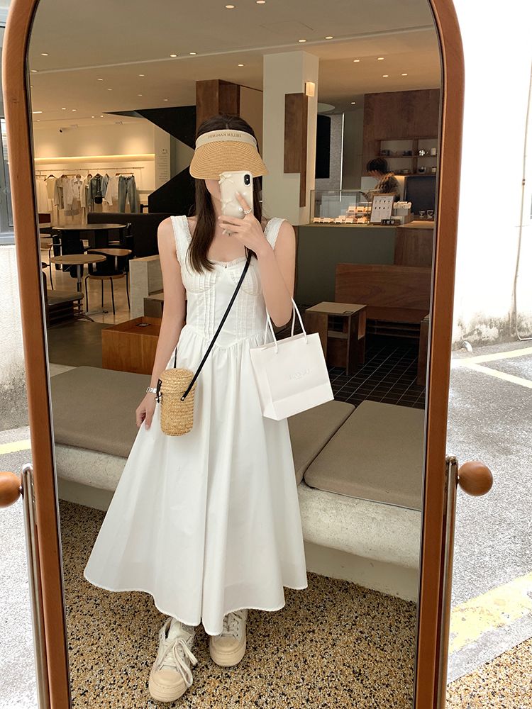 French style hollow white suspender dress for women summer new pure lust design waist slimming long skirt