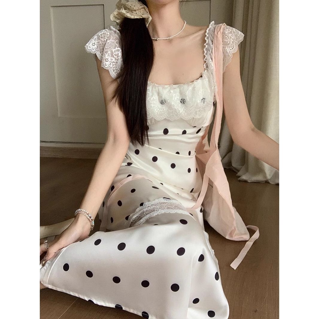 Tea break French lace splicing polka dot dress for women summer temperament slim backless A-line skirt sweet style long skirt