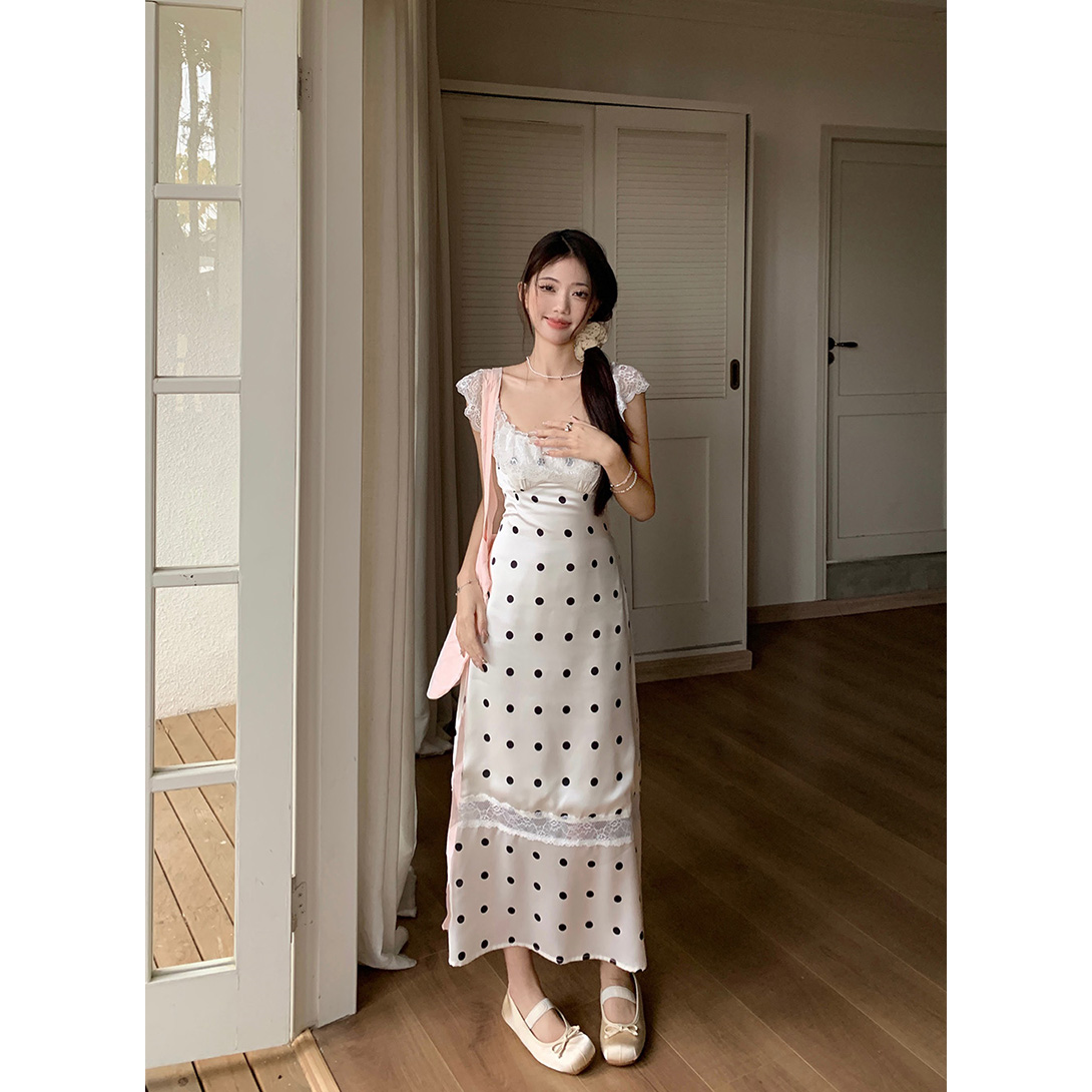 Tea break French lace splicing polka dot dress for women summer temperament slim backless A-line skirt sweet style long skirt