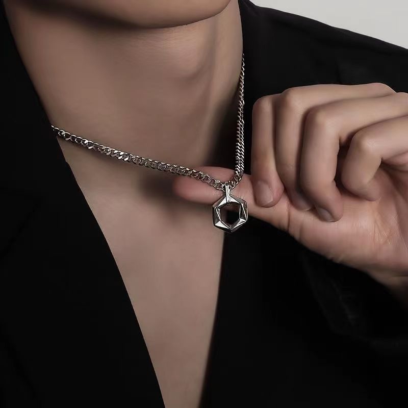 2024 New OT Buckle Hexagonal Matrix Men's Necklace Pendant Trendy Brand Hip Hop Titanium Steel Unisex Accessories_voghion.com