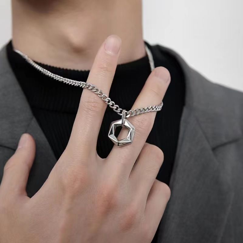 2024 New OT Buckle Hexagonal Matrix Men's Necklace Pendant Trendy Brand Hip Hop Titanium Steel Unisex Accessories_voghion.com
