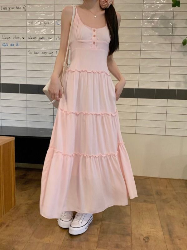 Pink sweet suspender dress for women summer pinch waist skirt temperament gentle style skirt seaside vacation a-line long skirt