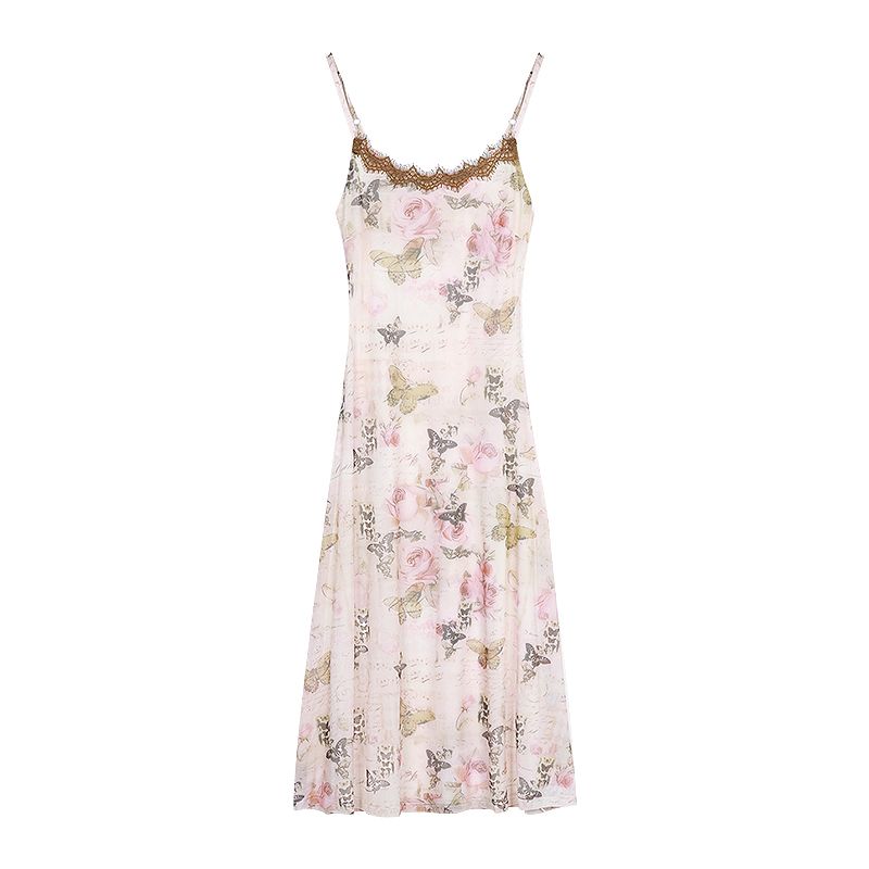 Butterfly floral skirt French suspender skirt women's summer vacation style V-neck dress slim waist bag hip skirt long skirt