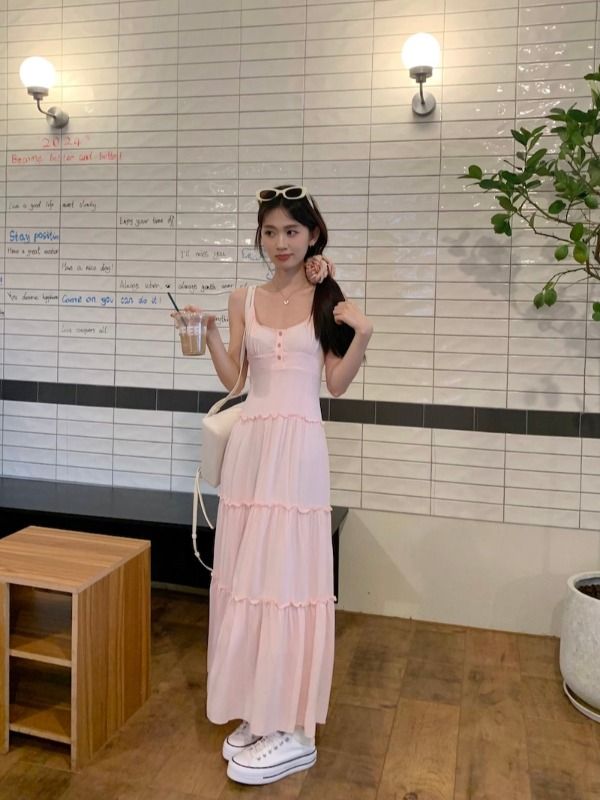 Pink sweet suspender dress for women summer pinch waist skirt temperament gentle style skirt seaside vacation a-line long skirt