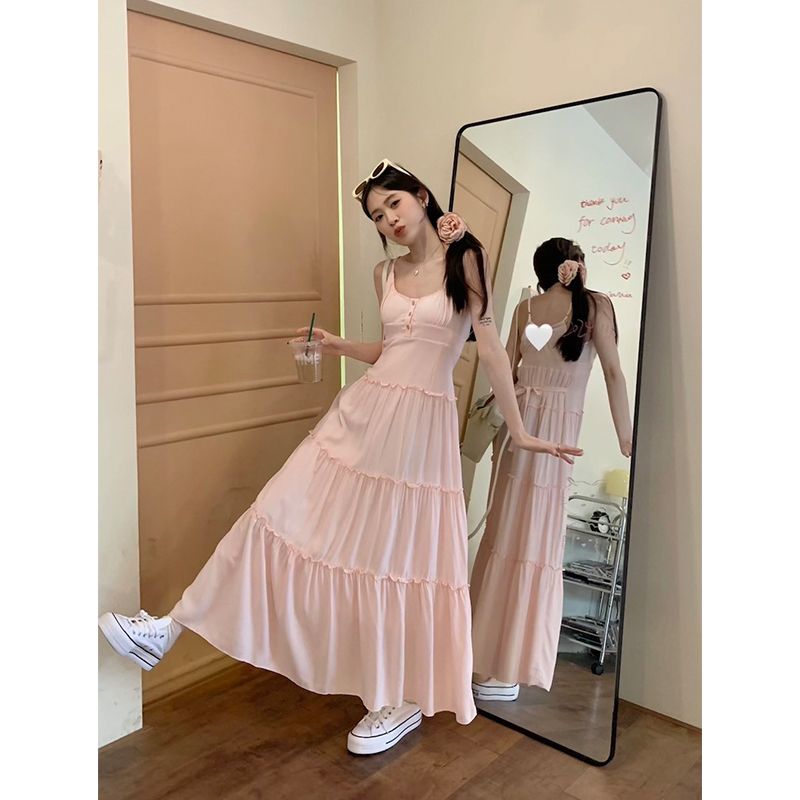 Pink suspender dress for women summer 2024 new pinch waist skirt small French gentle style a-line skirt long skirt