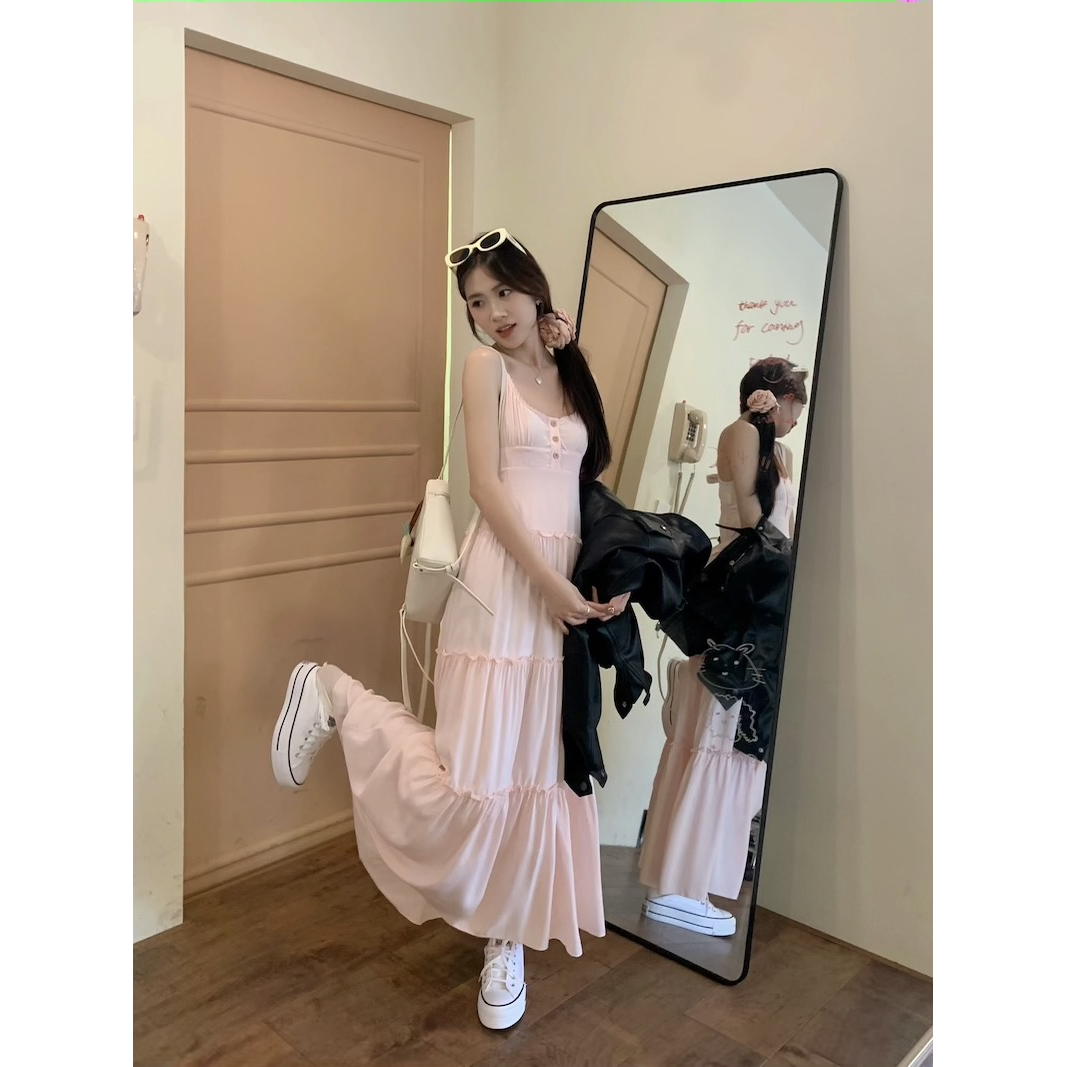 Pink suspender dress for women summer 2024 new pinch waist skirt small French gentle style a-line skirt long skirt