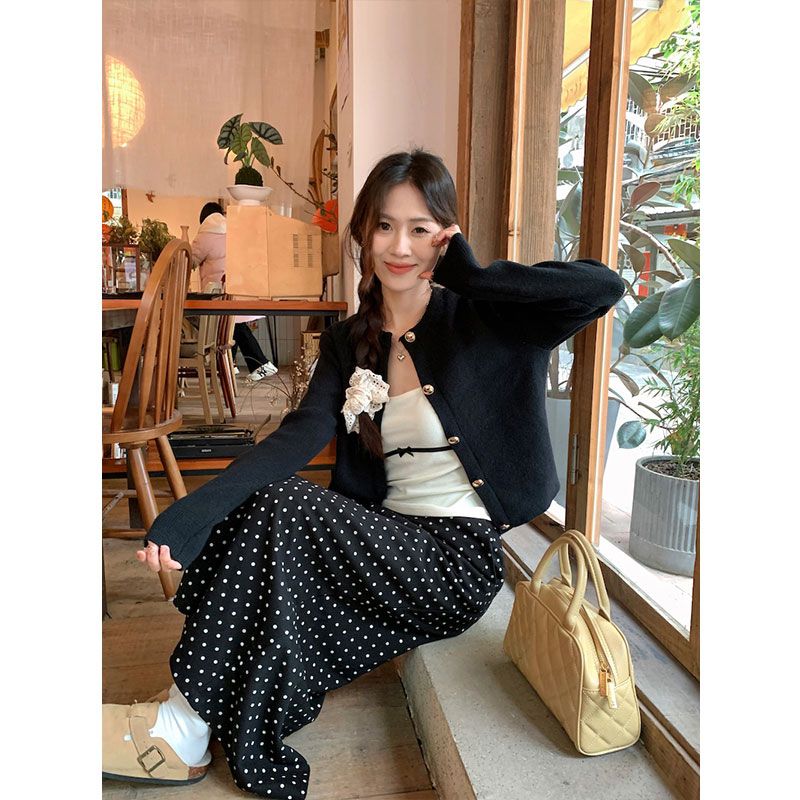 Korean drama outfit set, small fragrant style knitted cardigan suspender for women, early spring polka dot skirt, salt style light mature three-piece set