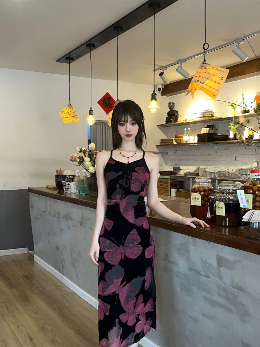 American retro butterfly print suspender dress female pure desire sexy hottie waist slimming niche slit long skirt