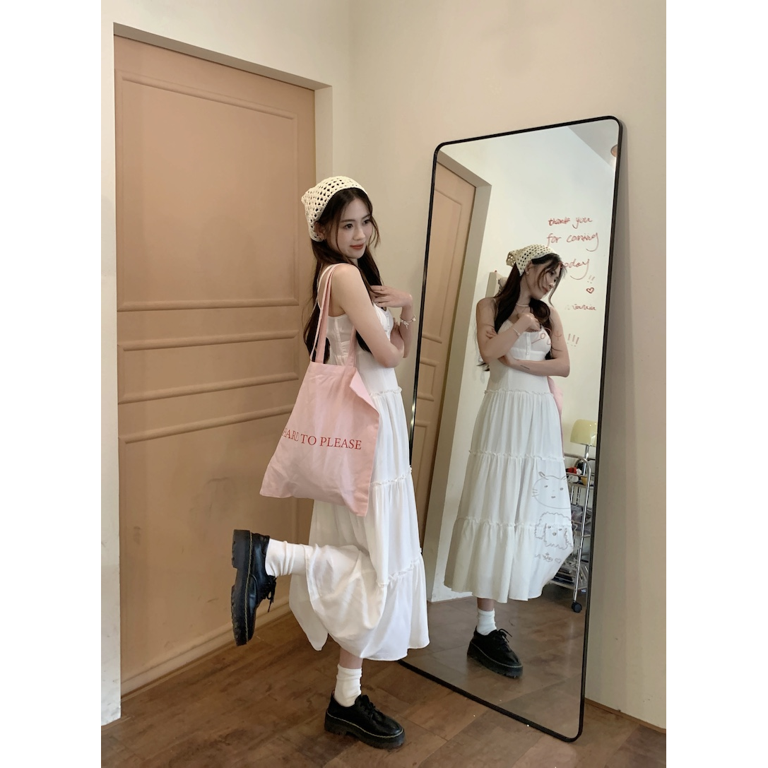 Pink suspender dress for women summer 2024 new pinch waist skirt small French gentle style a-line skirt long skirt