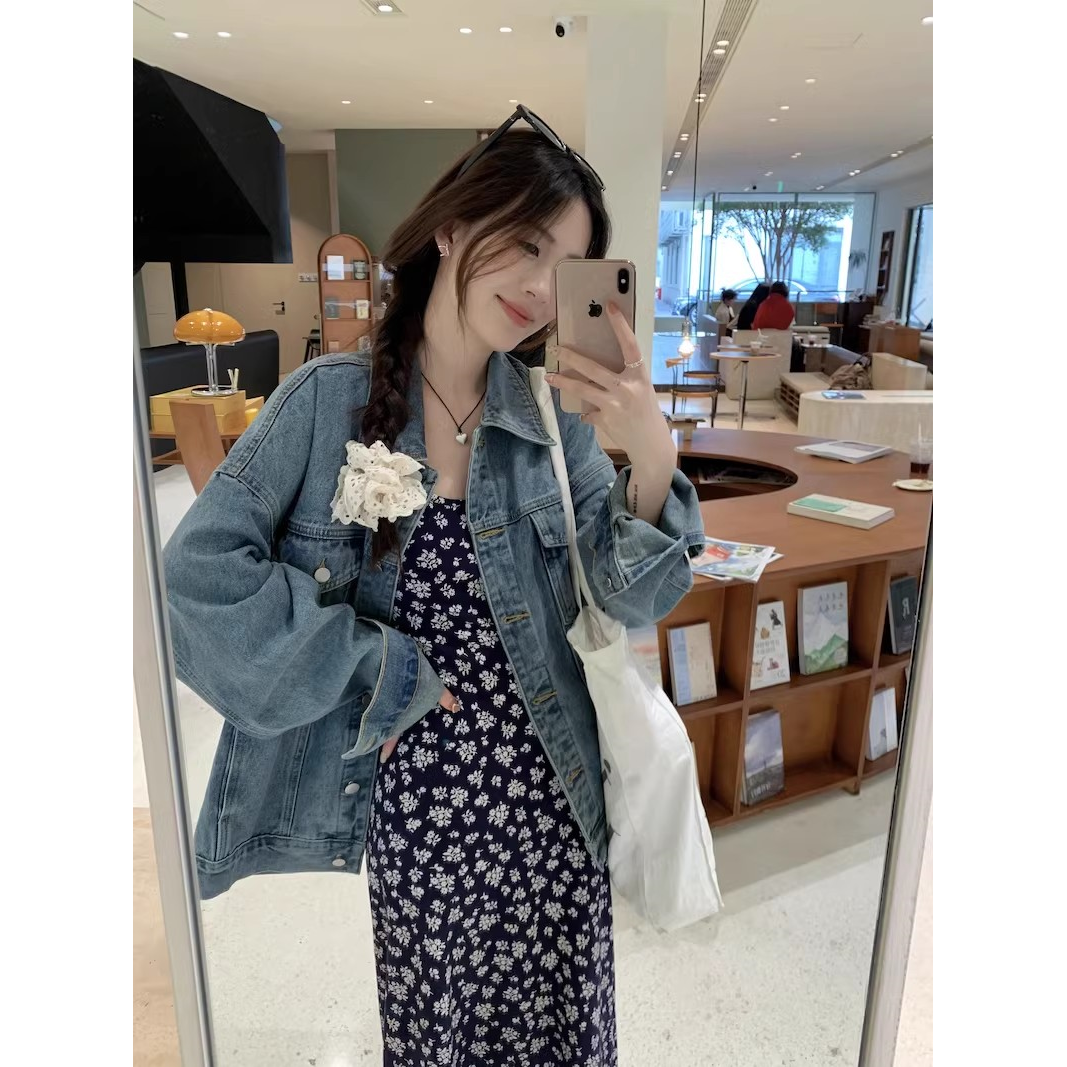 French retro floral suspender dress suit women's spring and autumn lapel jacket denim jacket cardigan two-piece set