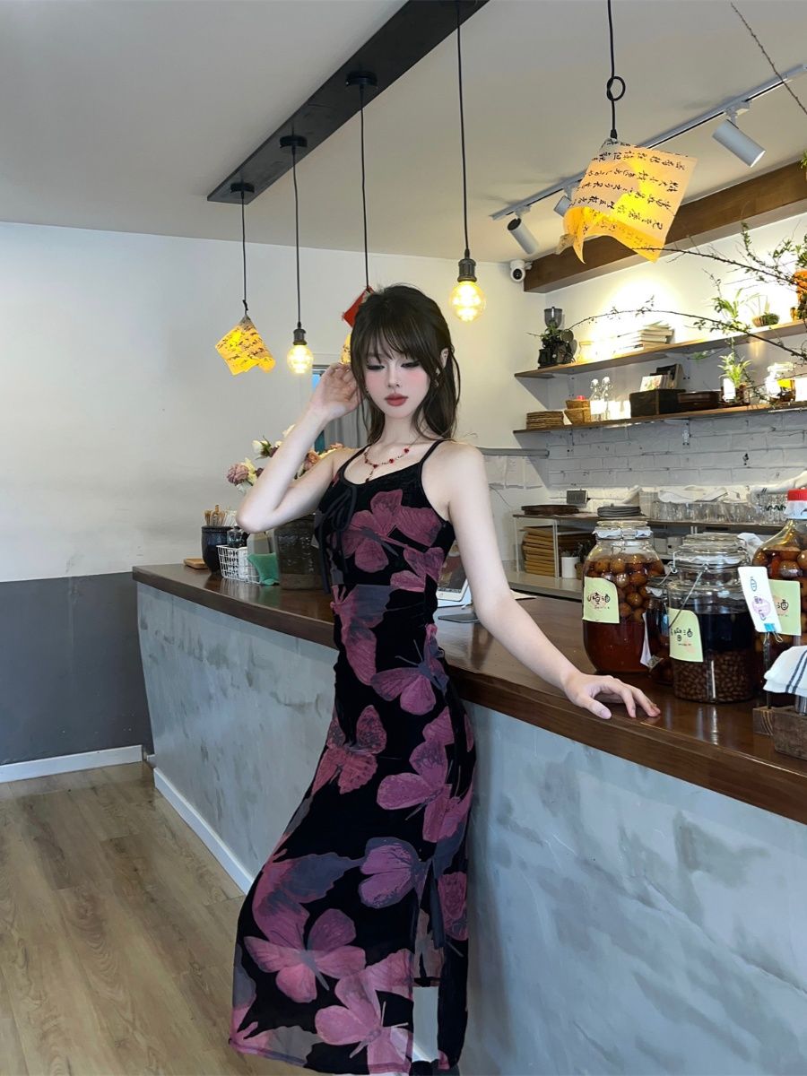 American retro butterfly print suspender dress female pure desire sexy hottie waist slimming niche slit long skirt