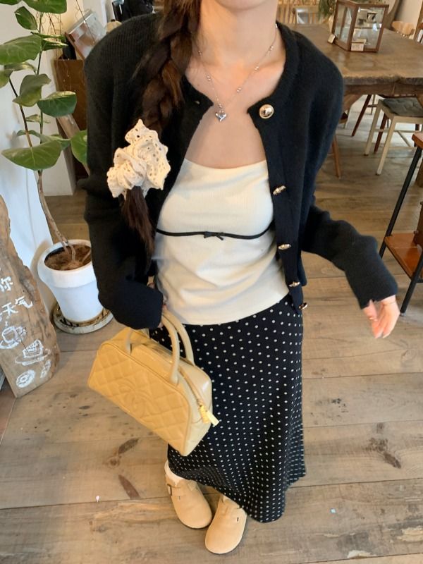 Breast style outfit set women's knitted cardigan suspender top 2024 early spring new polka dot skirt three-piece set