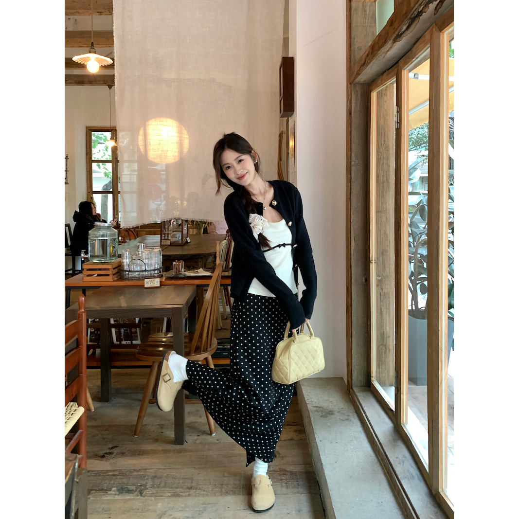 Korean drama outfit set, small fragrant style knitted cardigan suspender for women, early spring polka dot skirt, salt style light mature three-piece set