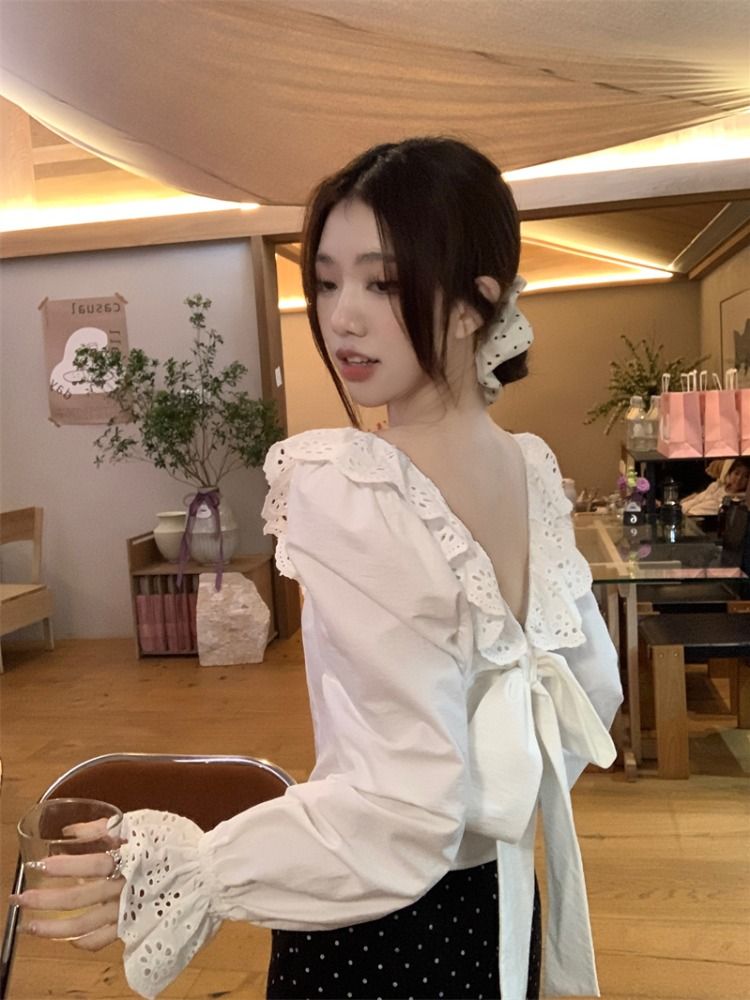 Backless bow tie ruffled white shirt for women with niche design French u-neck clavicle short top