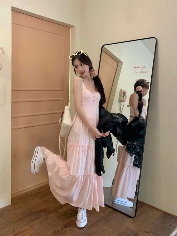 Pink sweet suspender dress for women summer pinch waist skirt temperament gentle style skirt seaside vacation a-line long skirt