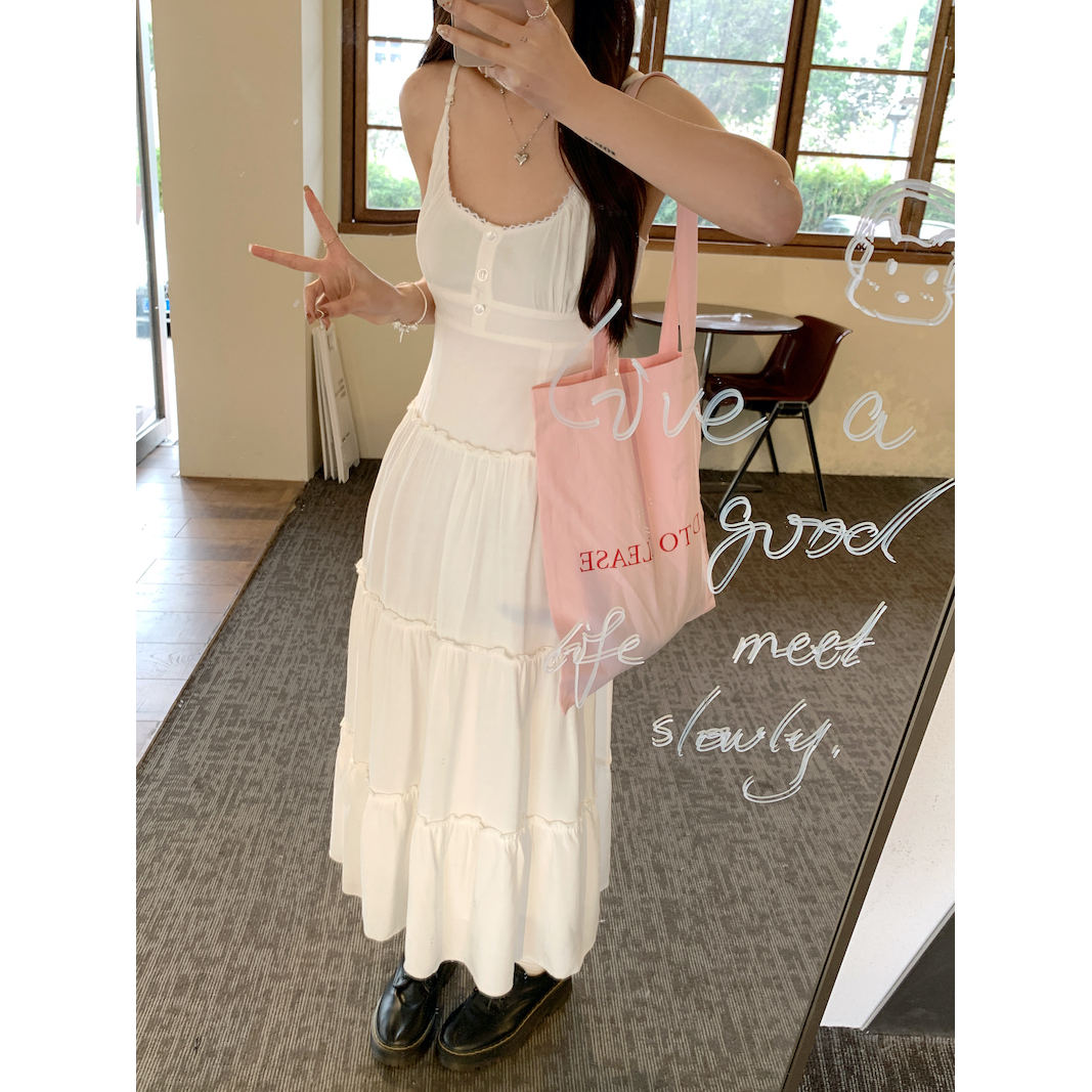 Pink suspender dress for women summer 2024 new pinch waist skirt small French gentle style a-line skirt long skirt