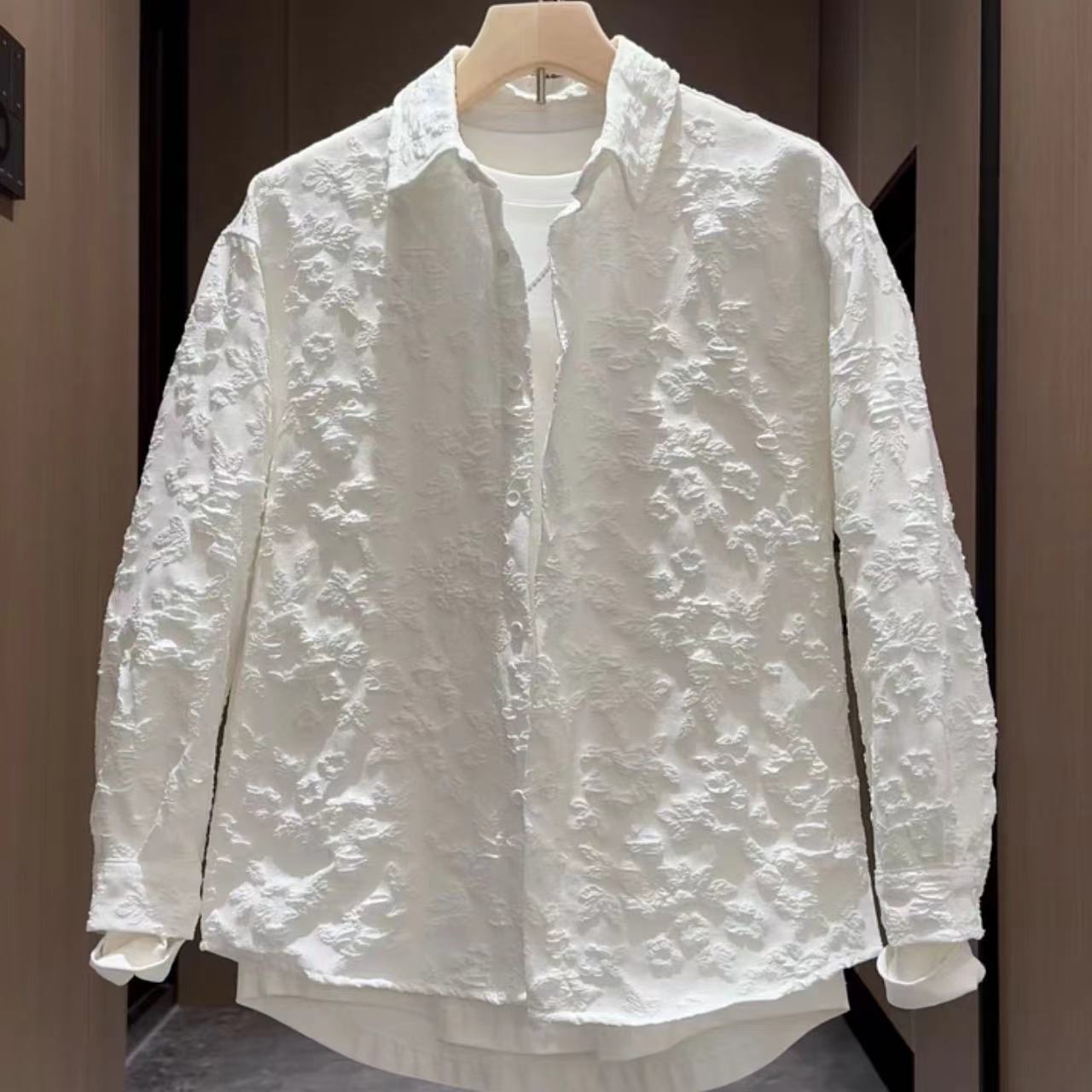 浮雕提花痞帅长袖衬衫男春夏潮流宽松情侣休闲高级感翻领衬衣外套【4月7日发完】