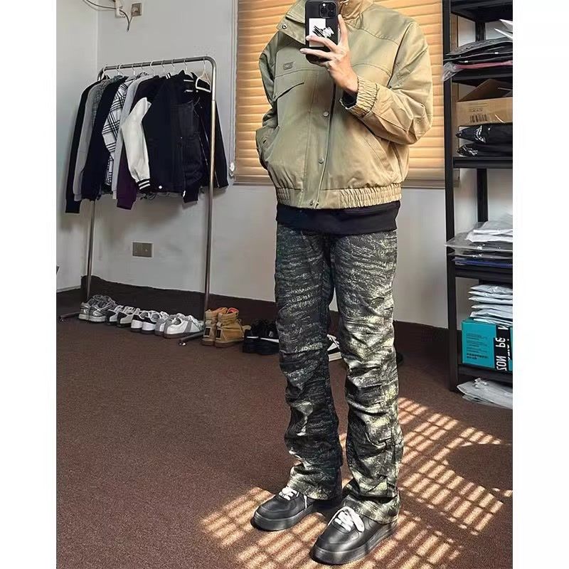 美式復古hiphop褲子高街潮牌迷彩牛仔褲男直筒修身cleanfit工裝褲