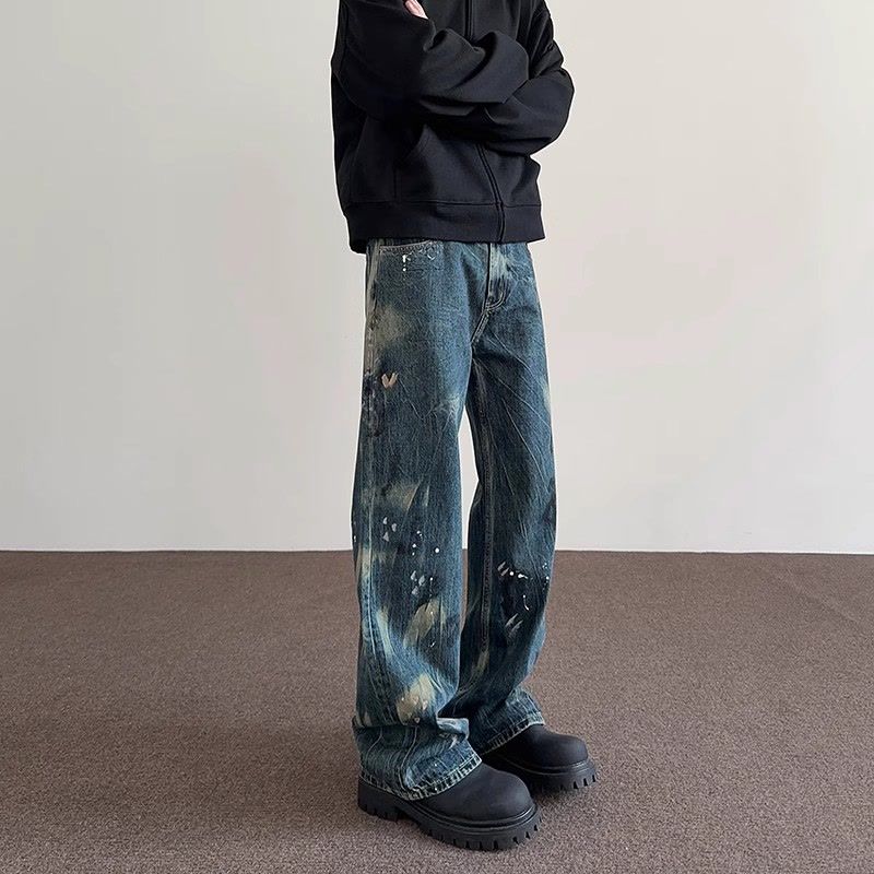 美式vibe復古潑墨設計感炸街牛仔褲男女潮流高級感寬鬆直筒老爹褲