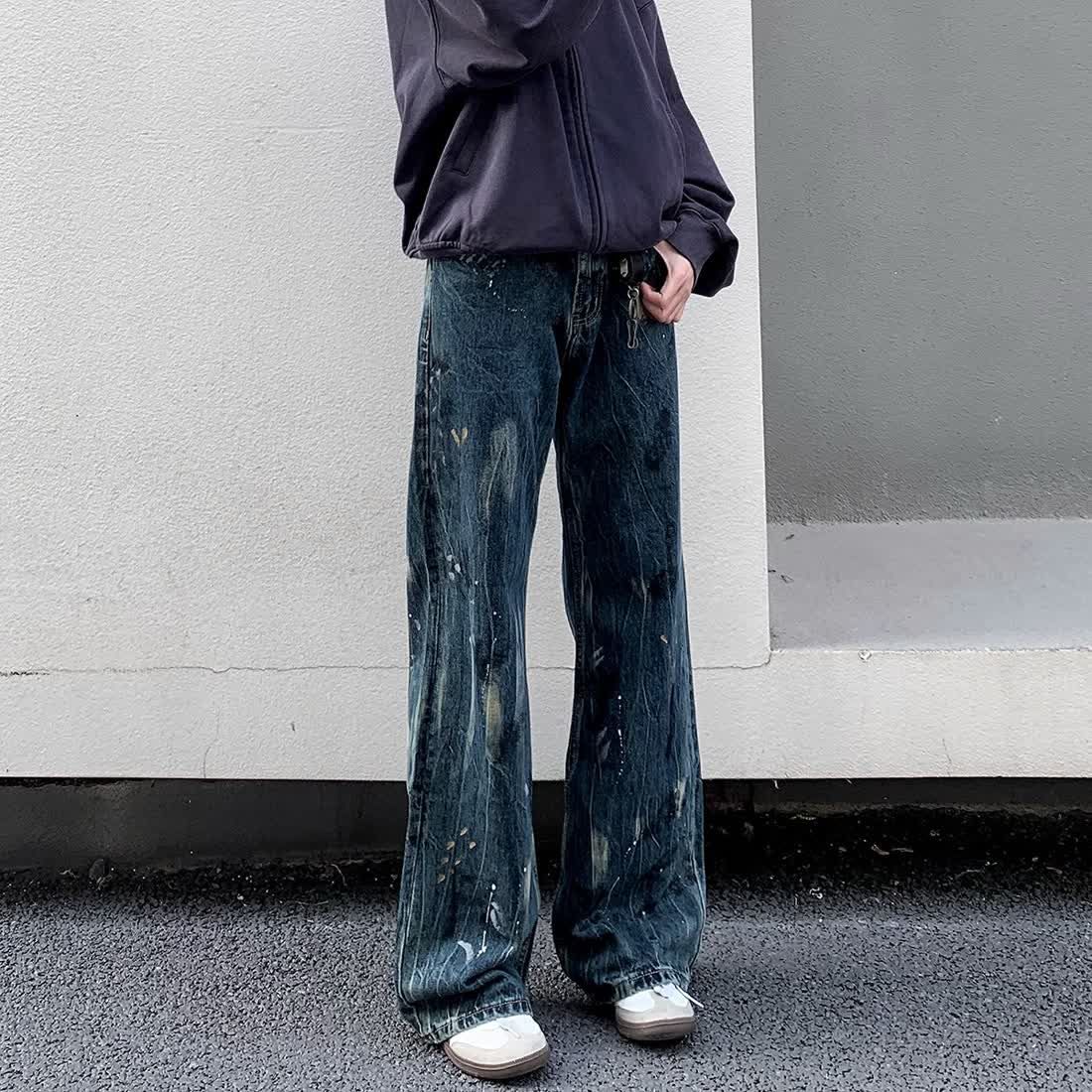 美式vibe風復古潑墨牛仔褲男cleanfit水洗深藍色直筒寬鬆微喇長褲