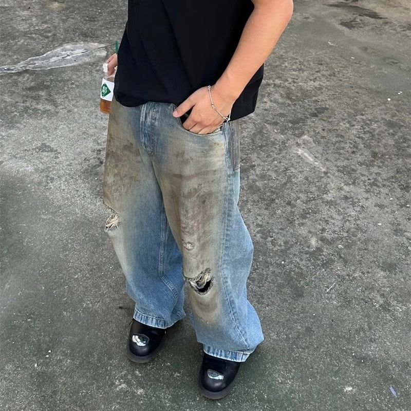 美式vibe風泥染破壞水洗做舊刀割藍色直筒闊腿牛仔褲寬鬆男女長褲
