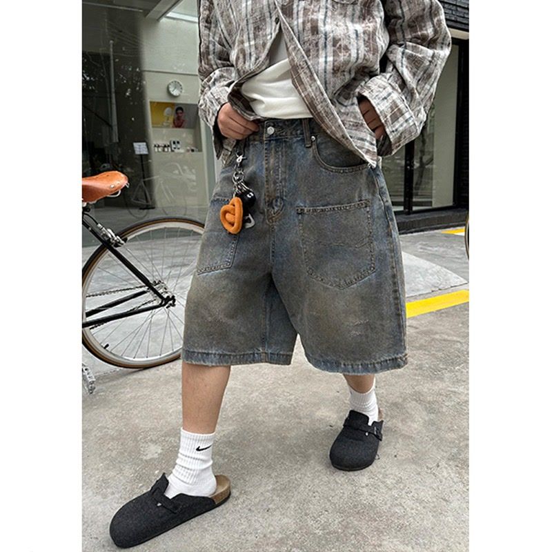 美式vibe風復古水洗做舊廢土風牛仔短褲男2024夏季寬鬆休閒短褲子