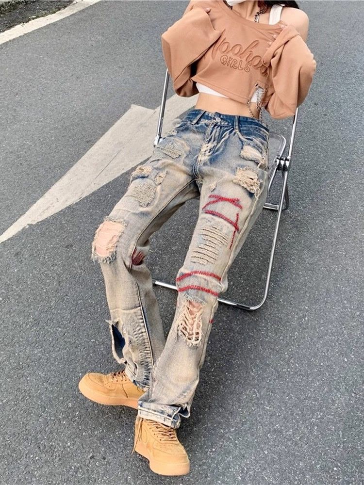 Jeans vintage délavés pour homme, style européen-américain tendance, marque INS, avec broderies uniques._voghion.com
