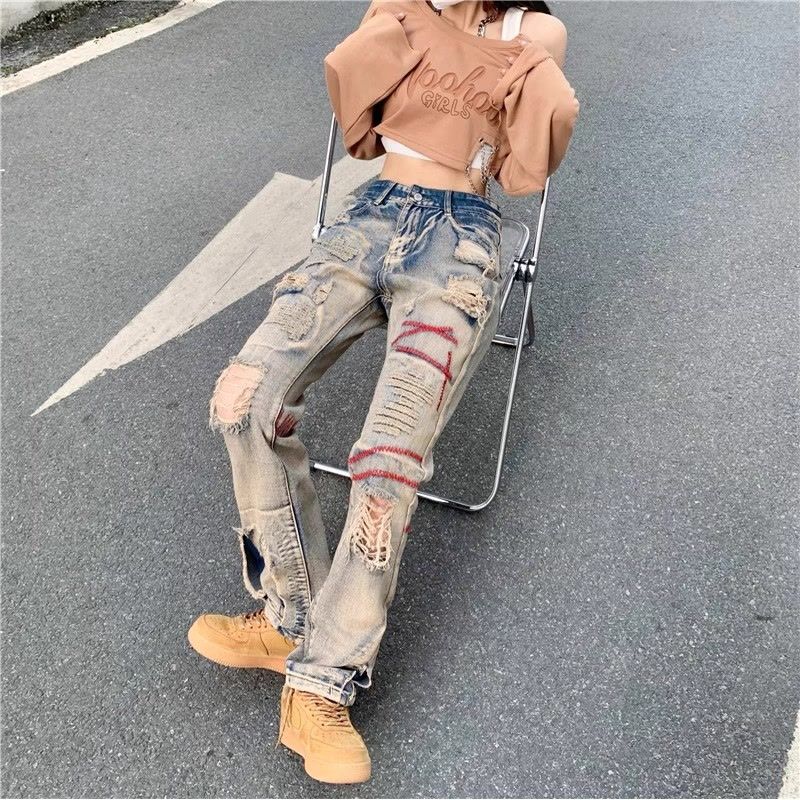 Jeans vintage délavés pour homme, style européen-américain tendance, marque INS, avec broderies uniques._voghion.com