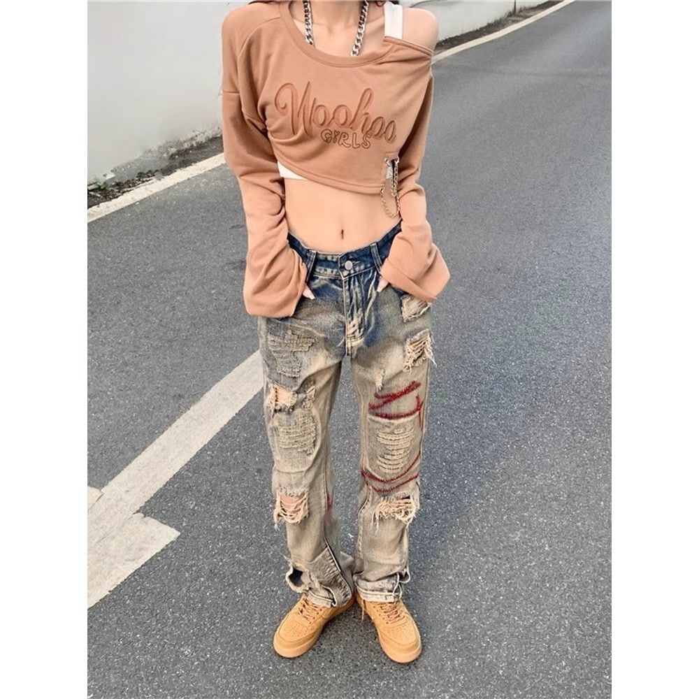 Jeans vintage délavés pour homme, style européen-américain tendance, marque INS, avec broderies uniques._voghion.com