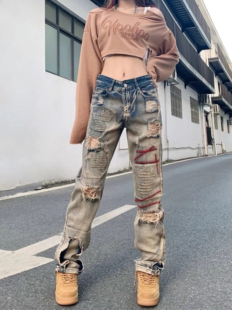 Jeans vintage délavés pour homme, style européen-américain tendance, marque INS, avec broderies uniques._voghion.com