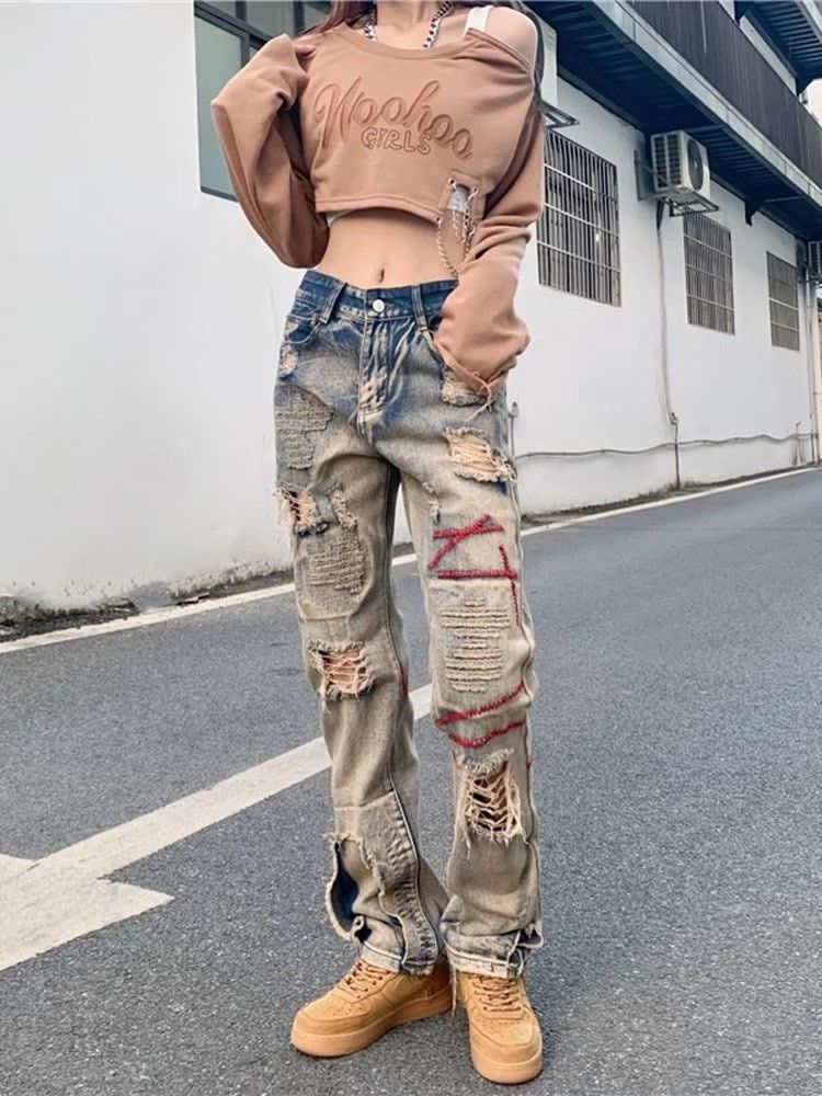 Jeans vintage délavés pour homme, style européen-américain tendance, marque INS, avec broderies uniques._voghion.com