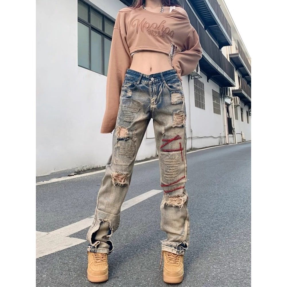 Jeans vintage délavés pour homme, style européen-américain tendance, marque INS, avec broderies uniques._voghion.com
