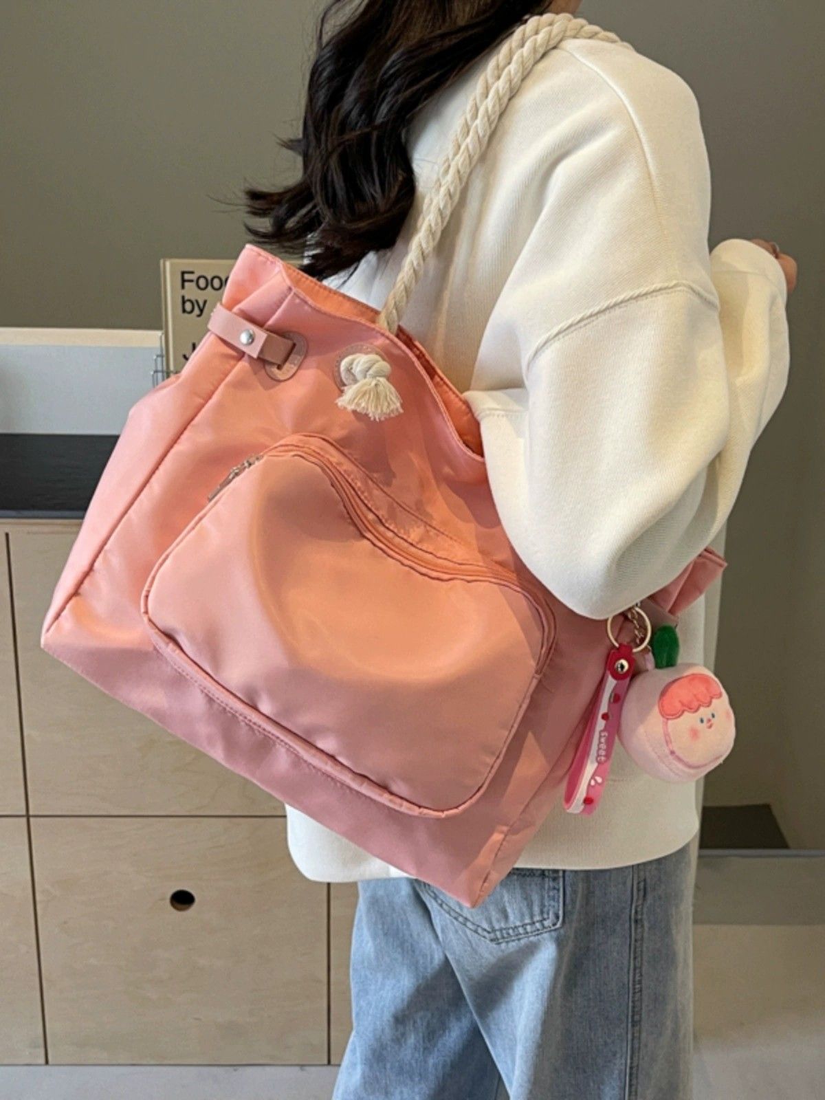 Neue, geräumige, pinkfarbene, niedliche, weiche Tragetasche mit Cartoon-Motiv für Mädchen – vielseitige Schultertasche aus Canvas für Schülerinnen und Studenten (Modelljahr 2024)_voghion.com