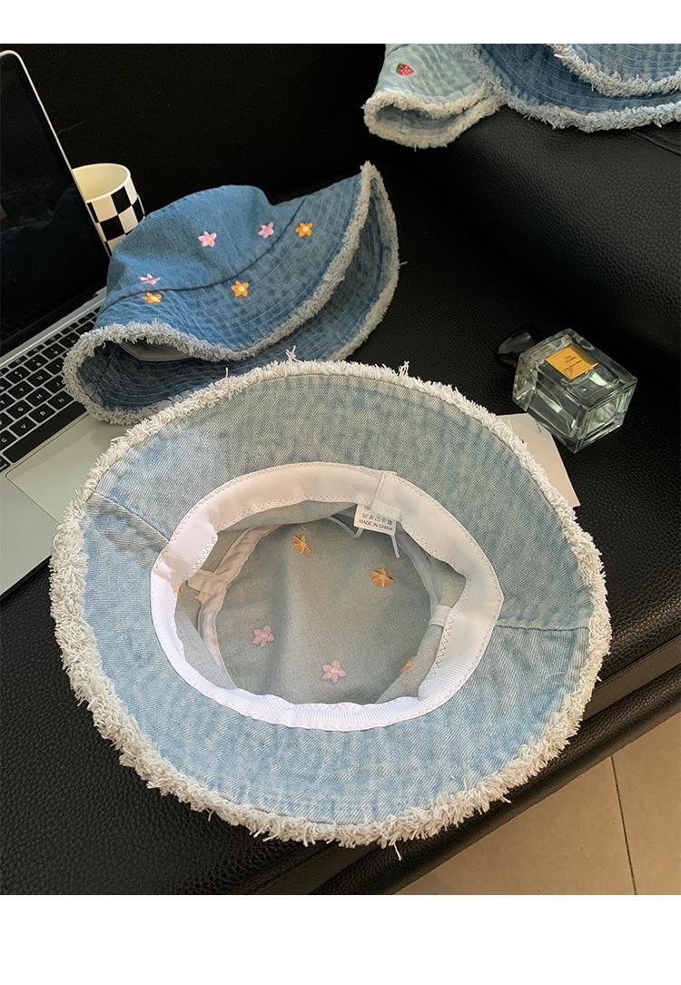Flower Edged Denim Bucket Hat Women's Summer Big Head Circumference Bucket Basin Hat Showing Face Small Sunshade Sunscreen Hat_voghion.com