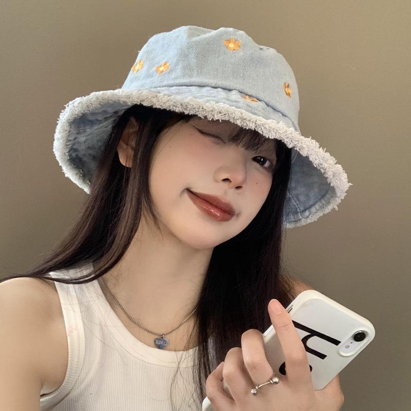 Flower Edged Denim Bucket Hat Women's Summer Big Head Circumference Bucket Basin Hat Showing Face Small Sunshade Sunscreen Hat_voghion.com