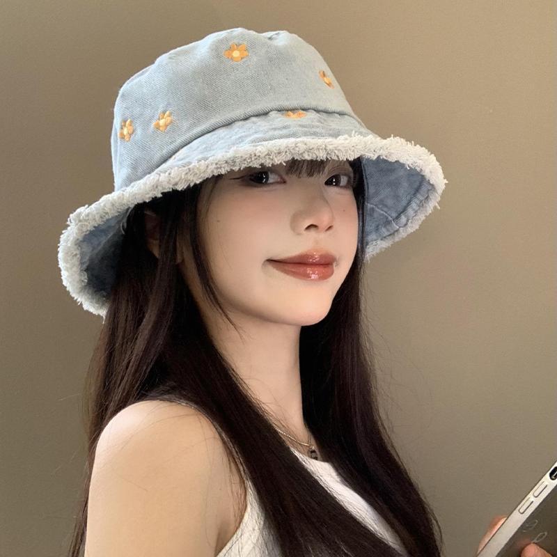 Flower Edged Denim Bucket Hat Women's Summer Big Head Circumference Bucket Basin Hat Showing Face Small Sunshade Sunscreen Hat_voghion.com
